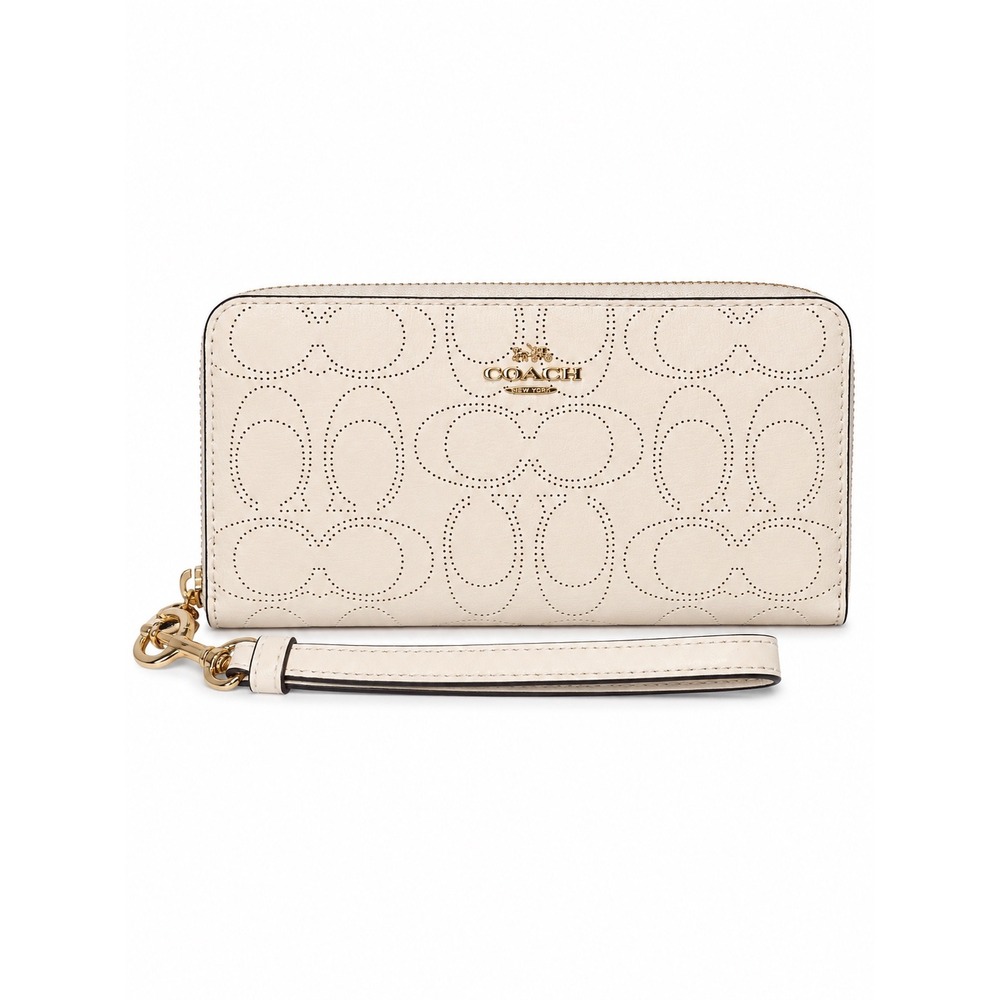 Coach Womens White Perforated Signature Zip Around Wristlet Wallet Clutch